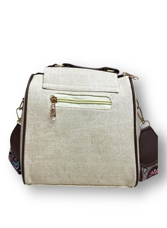 SHIVKARI Jacquard Chain Flap Duffle Stylish Textured Sling Bag Women Ladies Purse for Women & Girls - Beige Line - Image 5